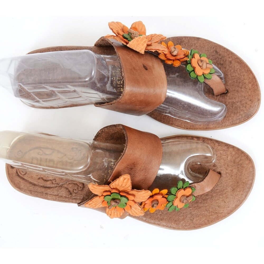 Rubor Women's 8.5 Leather Floral Thong Wedge Sandals Boho Hippie Festival NEW